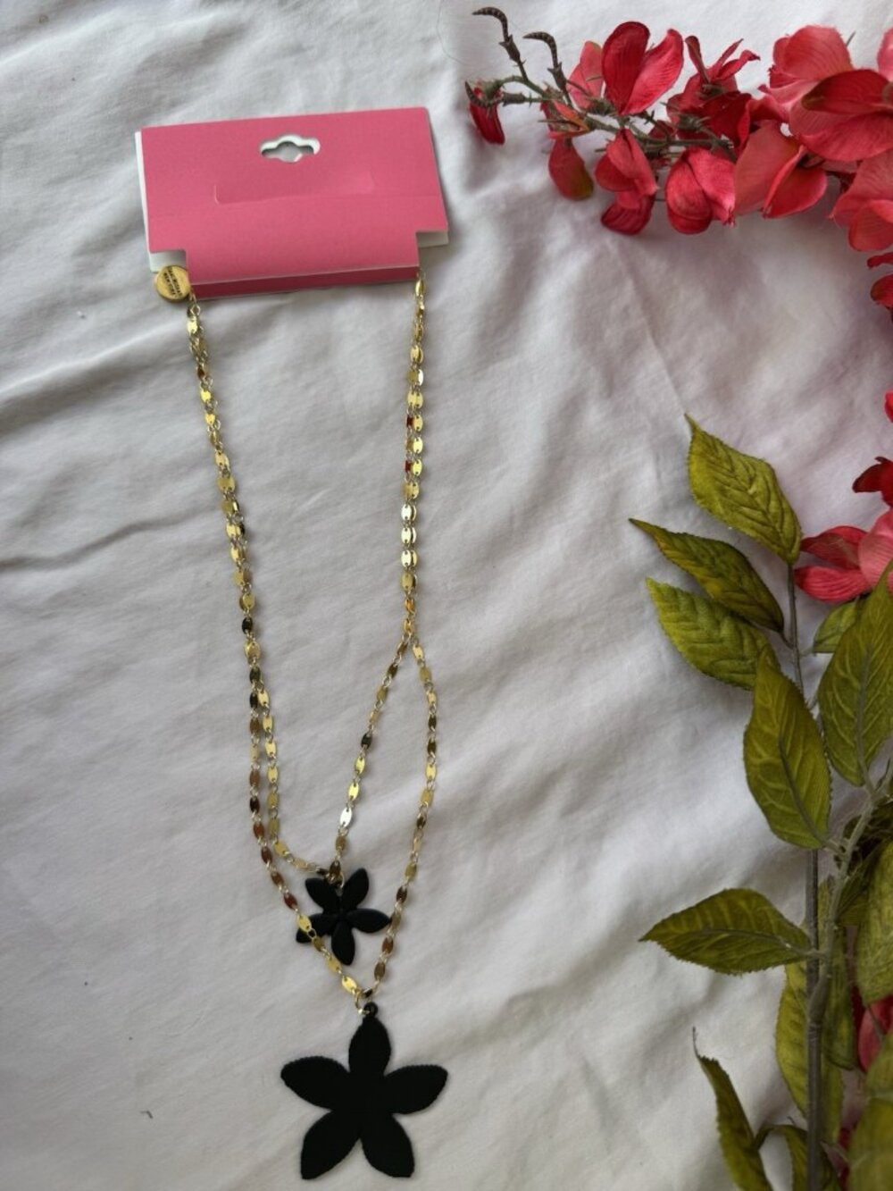NEW Isaac Mizrahi Gold 2 Chain Necklace Set Black Flower Pendants Layer Summer